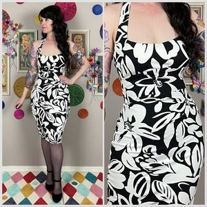 Vintage Y2K Black Floral Halter Neck Bodycon Dress